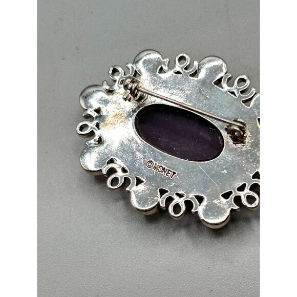 Signed MONET Pin Brooch Purple Tones Faceted Cabochons Silver Tone Setting - Picture 7 of 12